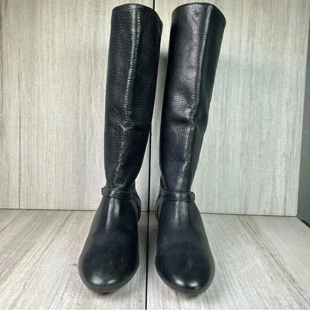 Frye Bonnie Black Leather Low Heel Flat Mid Calf Tall Ring Boots Women’s Size 6